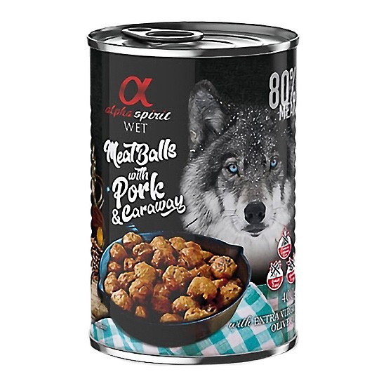 Alpha Spirit albóndigas de cerdo y alcaravea para perros en lata 6 x 400g Imagen de Alpha Spirit albóndigas de cerdo y alcaravea para perros en lata 6 x 400g