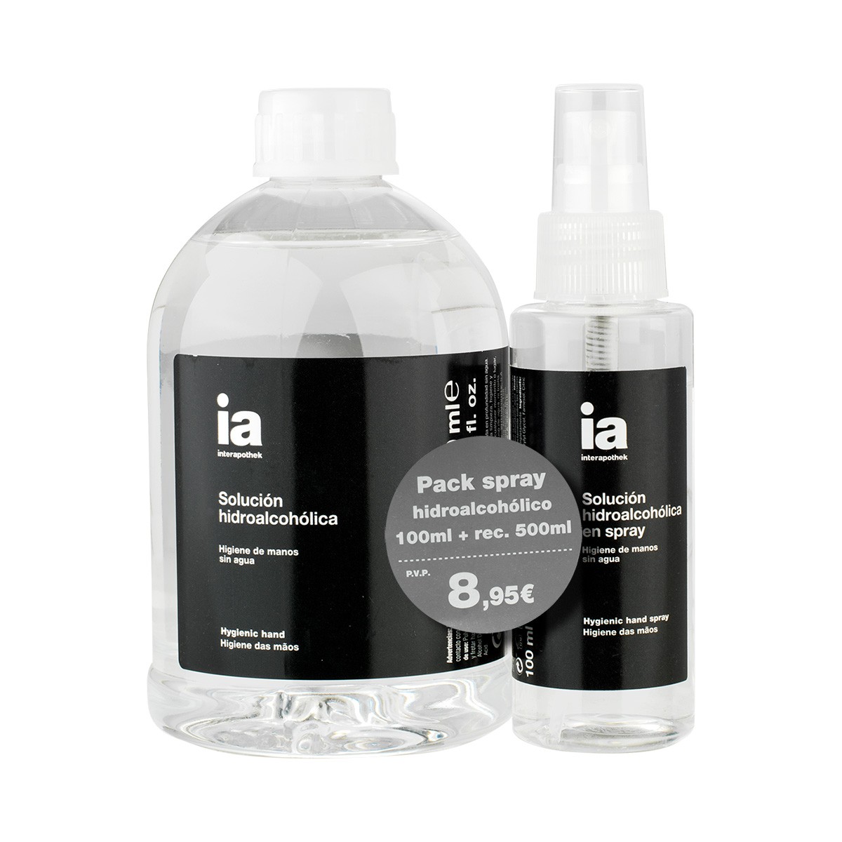Interapothek spray solución hidroalcohólica 100ml + recarga 500ml Imagen de Interapothek spray solución hidroalcohólica 100ml + recarga 500ml