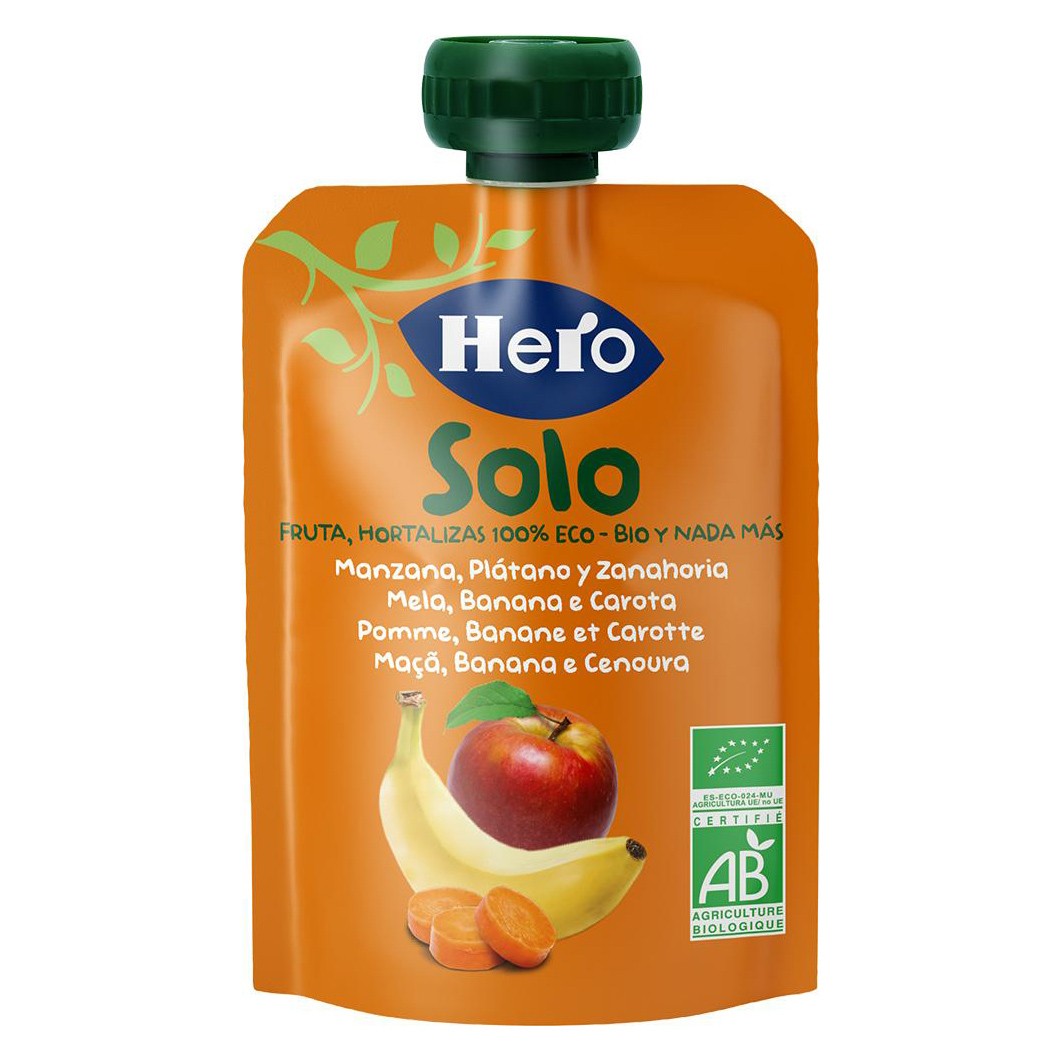 Hero Baby Solo ecológico manzana plátano y zanahorias bolsa 100g Imagen de Hero Baby Solo ecológico manzana plátano y zanahorias bolsa 100g