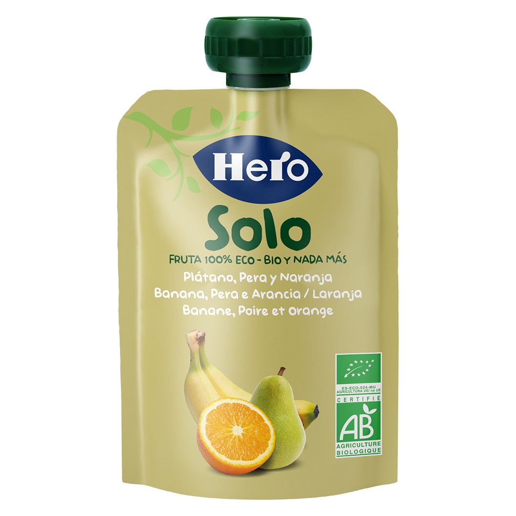 Hero Baby Solo ecológico plátano pera y naranja bolsa 100g Imagen de Hero Baby Solo ecológico plátano pera y naranja bolsa 100g