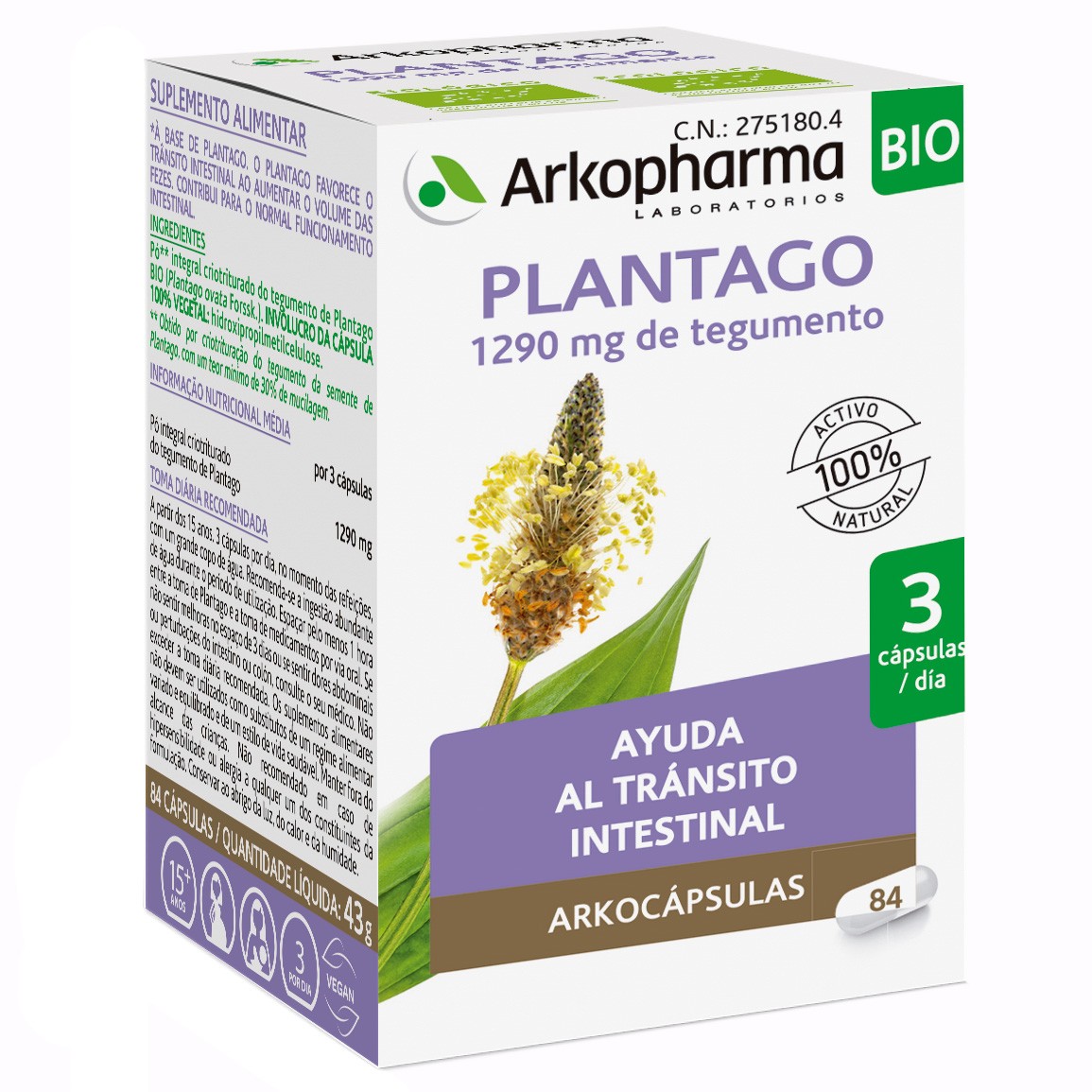 Arkopharma Arkocápsulas plantago bio 84 cápsulas Imagen de Arkopharma Arkocápsulas plantago bio 84 cápsulas